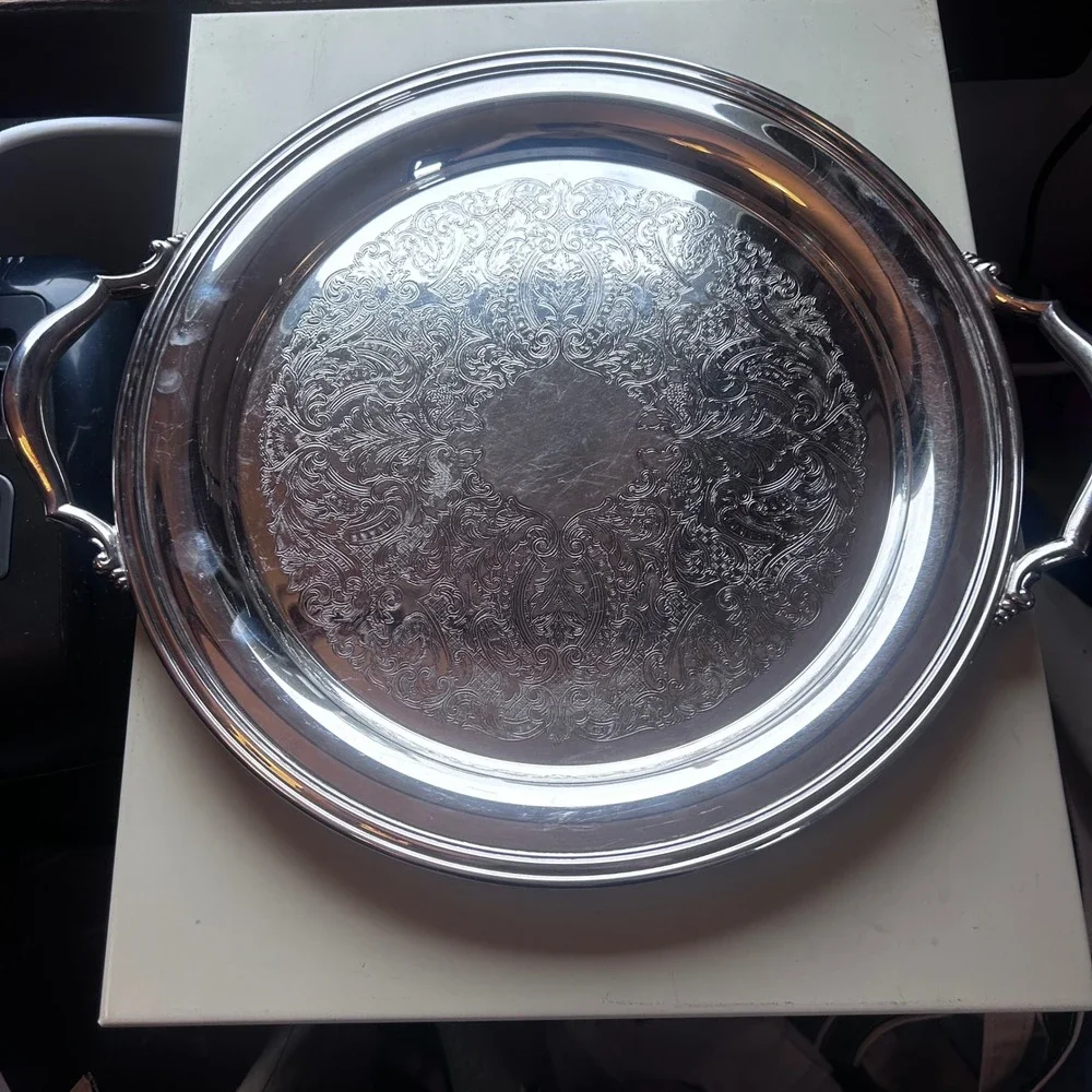 Oneida Silver Plate 4 Piece Tea Coffee Set with Engraved Round Serving Tray USA